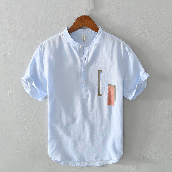 Мъжка лятна риза с къс ръкав и ниска яка