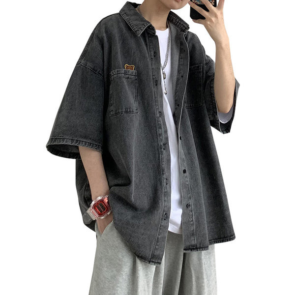 Свободен модел мъжка дънкова риза с класическа яка