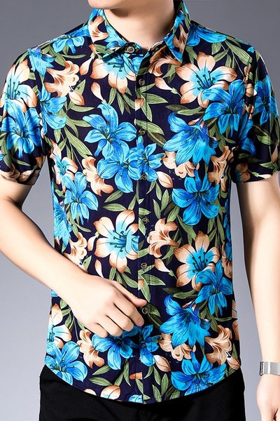 Лятна мъжка риза с флорален  десен и къс ръкав