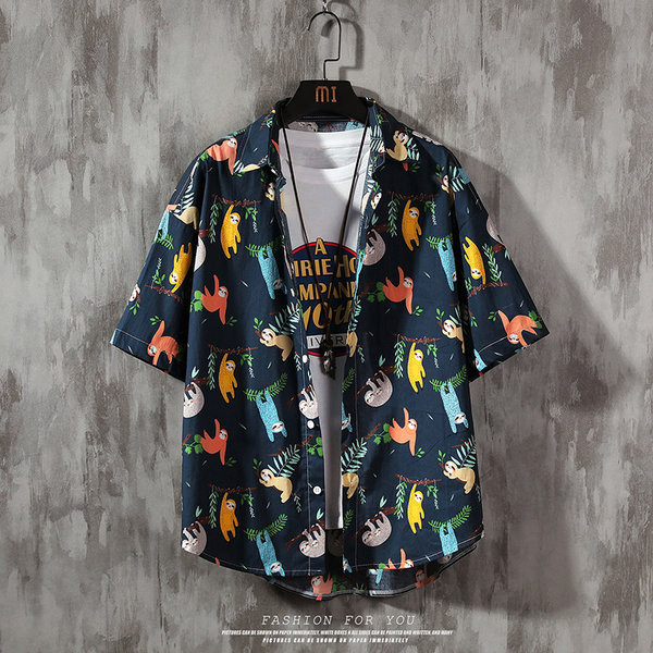 Мъжка цветна риза с къс ръкав и класическа яка