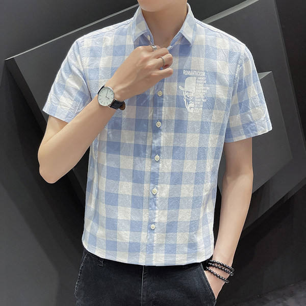 Карирана мъжка риза с апликация и къс ръкав