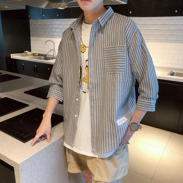 Ежедневна мъжка раирана риза с джоб и дълъг ръкав