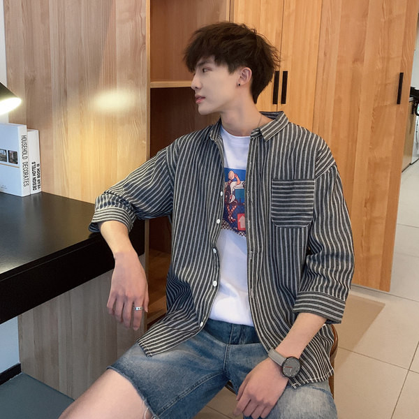 Ежедневна мъжка раирана риза с джоб и дълъг ръкав