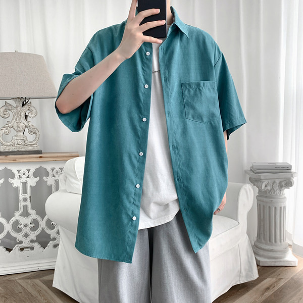 Широк модел мъжка едноцветна риза с 3/4 ръкави