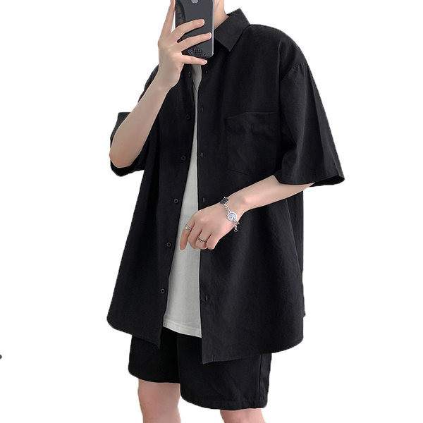 Широк модел мъжка едноцветна риза с 3/4 ръкави