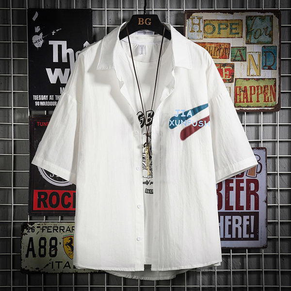 Широк модел мъжка риза с 3/4 ръкави и надпис 