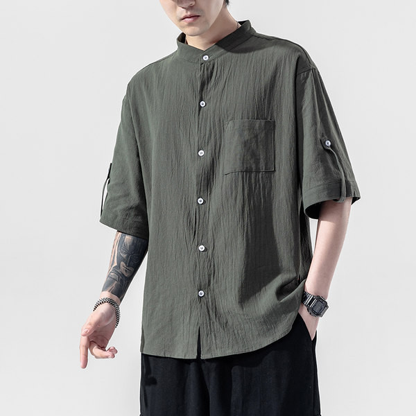 Мъжка ежедневна риза с 3/4 ръкав копчета и джоб