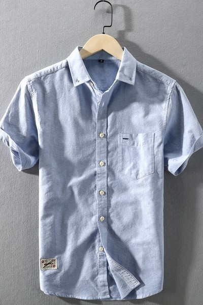 Памучна едноцветна риза с къс ръкав и копчета