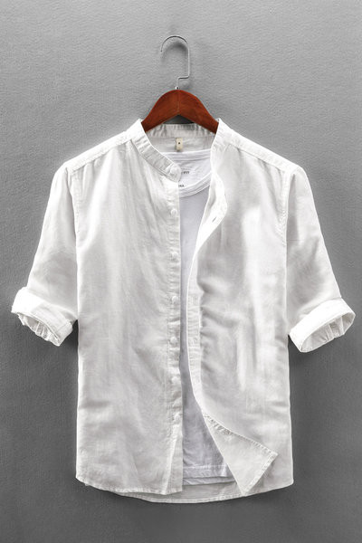 Едноцветна памучна риза с 3/4 ръкав