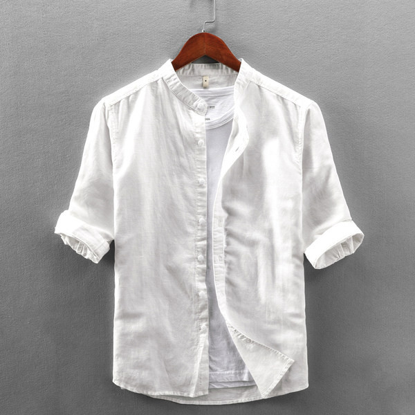 Едноцветна памучна риза с 3/4 ръкав