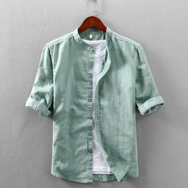 Едноцветна памучна риза с 3/4 ръкав