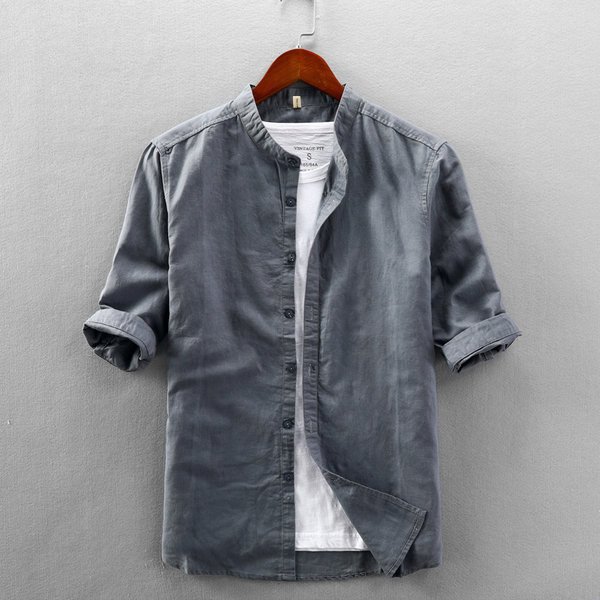 Едноцветна памучна риза с 3/4 ръкав