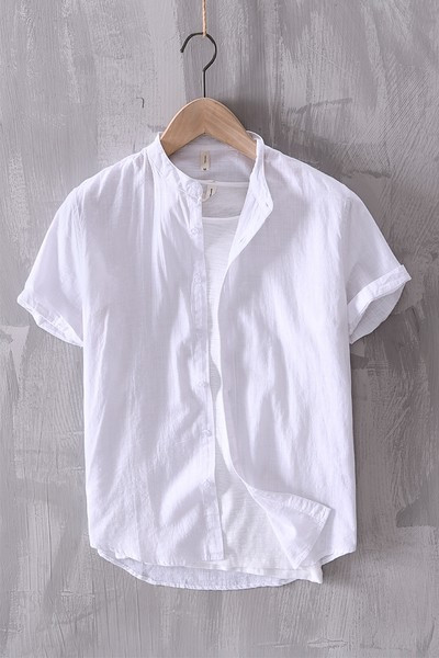 Едноцветна памучна риза с къс ръкав