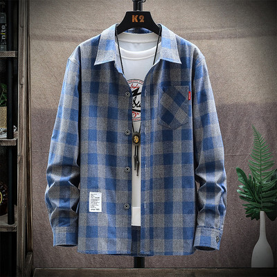 Ежедневна мъжка карирана риза с дълъг ръкав и джоб