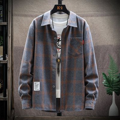 Ежедневна мъжка карирана риза с дълъг ръкав и джоб