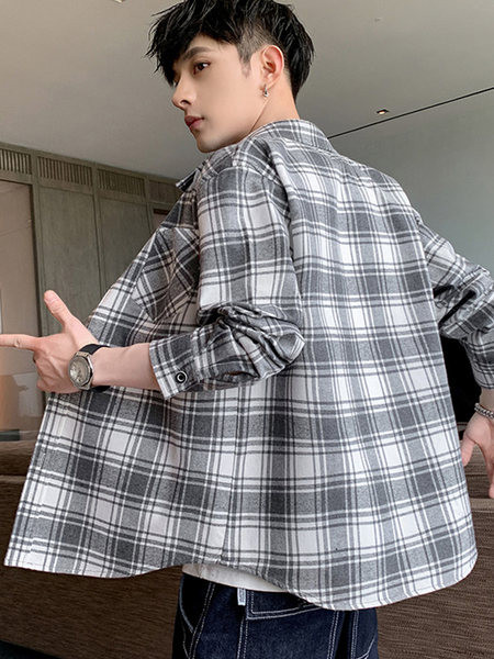 Ежедневна мъжка карирана риза с дълъг ръкав и джоб