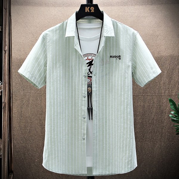 Раирана мъжка риза с яка и бродерия в син и зелен цвят