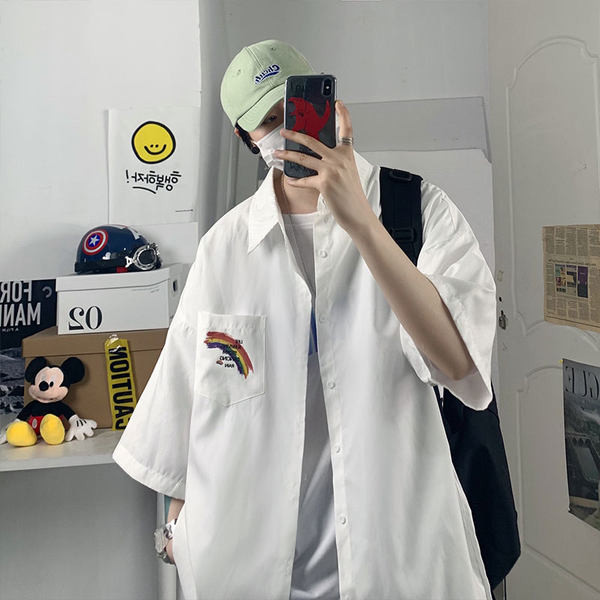 Мъжка риза широк модел с джоб и копчета 