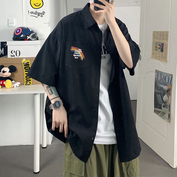 Мъжка риза широк модел с джоб и копчета 