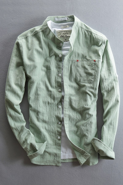 Нов модел мъжка риза от памук и лен с копчета и страничен джоб