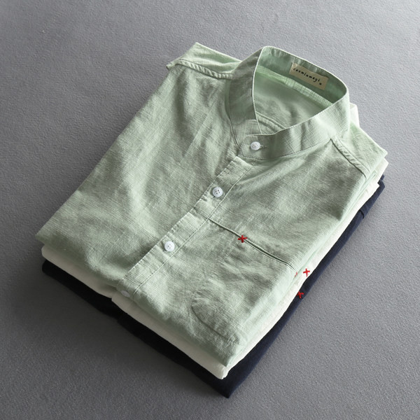 Нов модел мъжка риза от памук и лен с копчета и страничен джоб