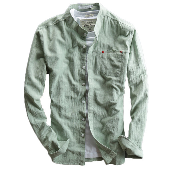 Нов модел мъжка риза от памук и лен с копчета и страничен джоб