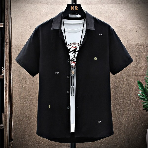 Ежедневна мъжка риза с класическа яка и бродерия в бял и черен цвят