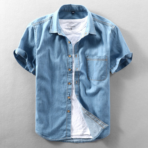 Лятна дънкова риза за мъже с джоб 