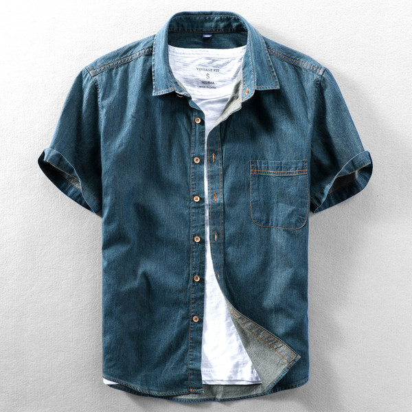 Лятна дънкова риза за мъже с джоб 