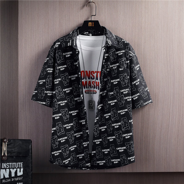 Лятна мъжка риза с яка и къс ръкав в бял и черен цвят