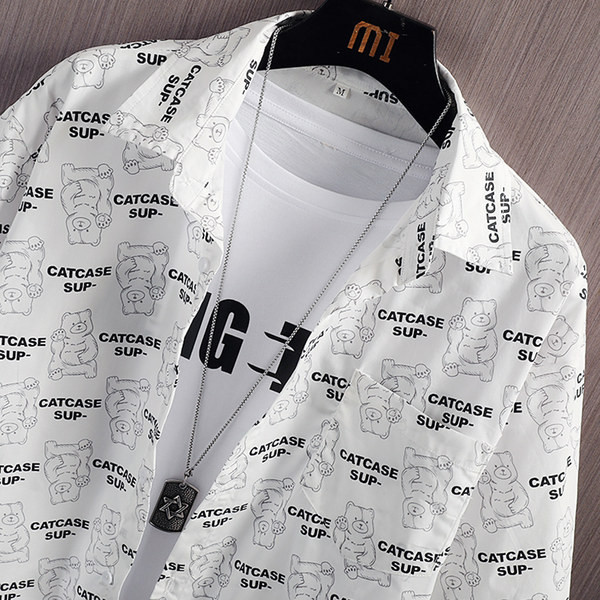 Лятна мъжка риза с яка и къс ръкав в бял и черен цвят