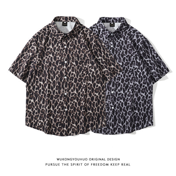 Мъжка риза с леопардов принт и къс ръкав