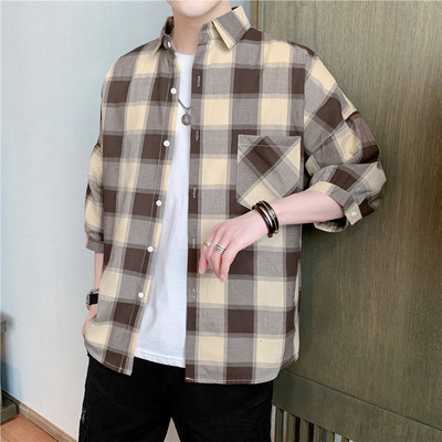 Ежедневна мъжка карирана риза с дълъг ръкав и джоб в три цвята