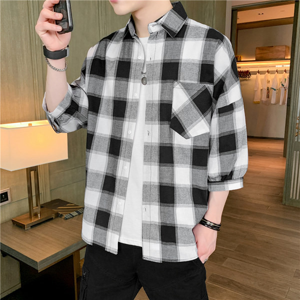 Ежедневна мъжка карирана риза с дълъг ръкав и джоб в три цвята