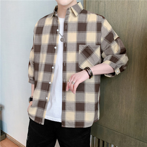 Ежедневна мъжка карирана риза с дълъг ръкав и джоб в три цвята