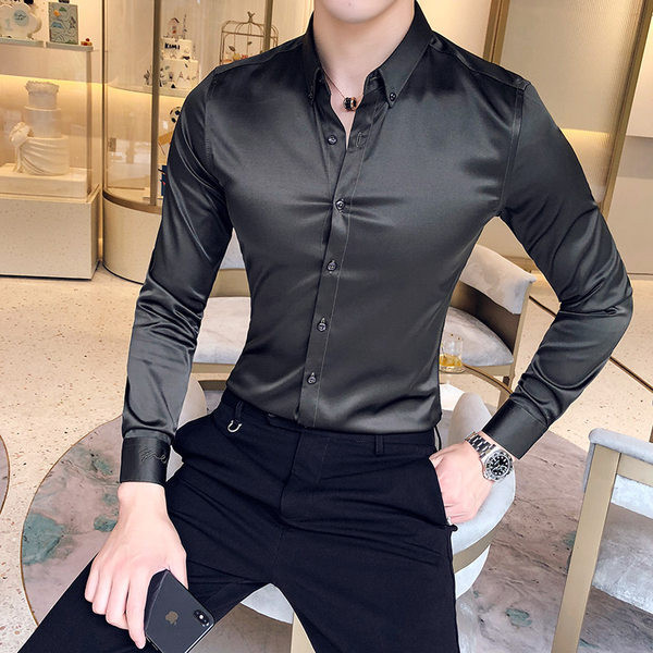 Мъжка сатенена риза с копчета и класическа яка 