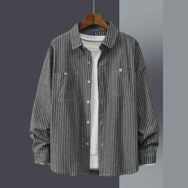 Мъжка раирана риза с дълъг ръкав джоб и копчета 
