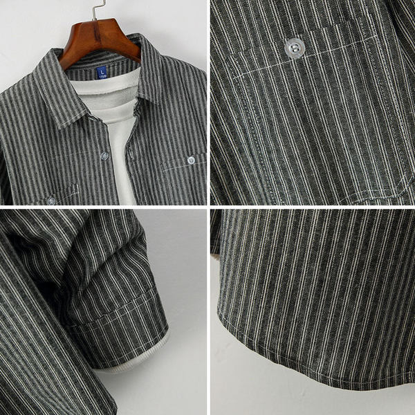 Мъжка раирана риза с дълъг ръкав джоб и копчета 