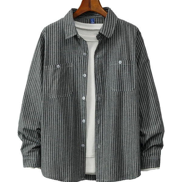 Мъжка раирана риза с дълъг ръкав джоб и копчета 