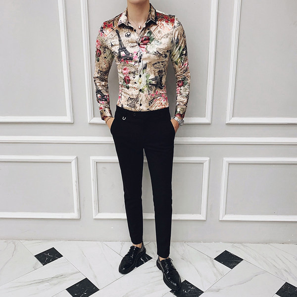 Мъжка ежедневна риза с цветна апликация и цветен десен 