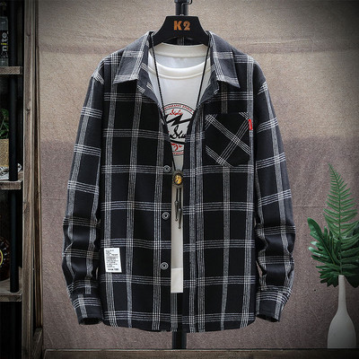 Мъжка карирана риза с дълъг ръкав и емблема 