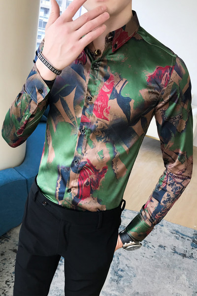 Модерна мъжка риза с цветен десен и класическа яка