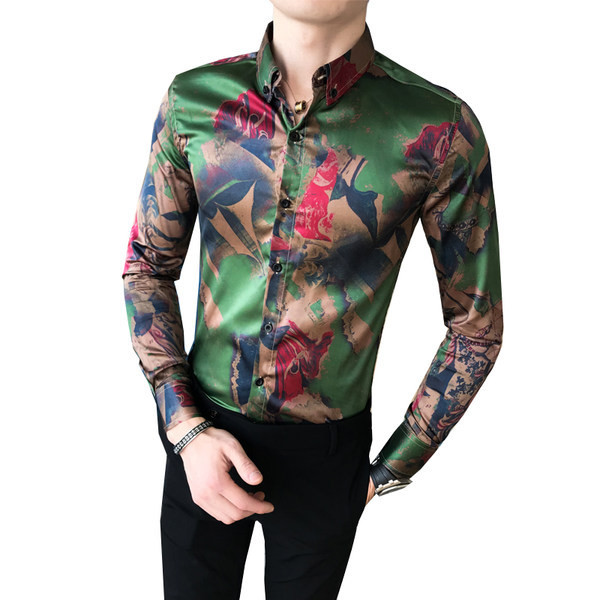 Модерна мъжка риза с цветен десен и класическа яка