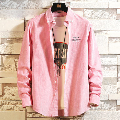 Ежедневна раирана мъжка риза с бродерия и надпис 