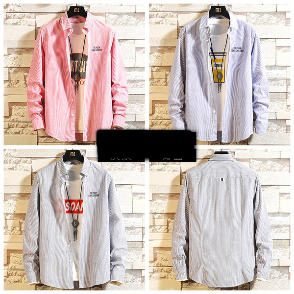 Ежедневна раирана мъжка риза с бродерия и надпис 