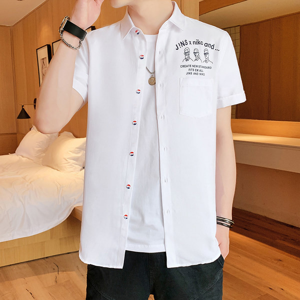 Мъжки риза с апликация класическа яка и копчета 