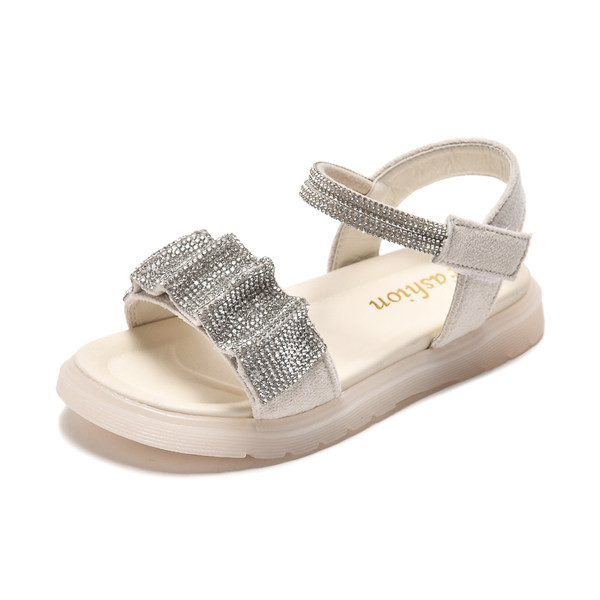 Детски лъскави сандали с камъни и равна подметка