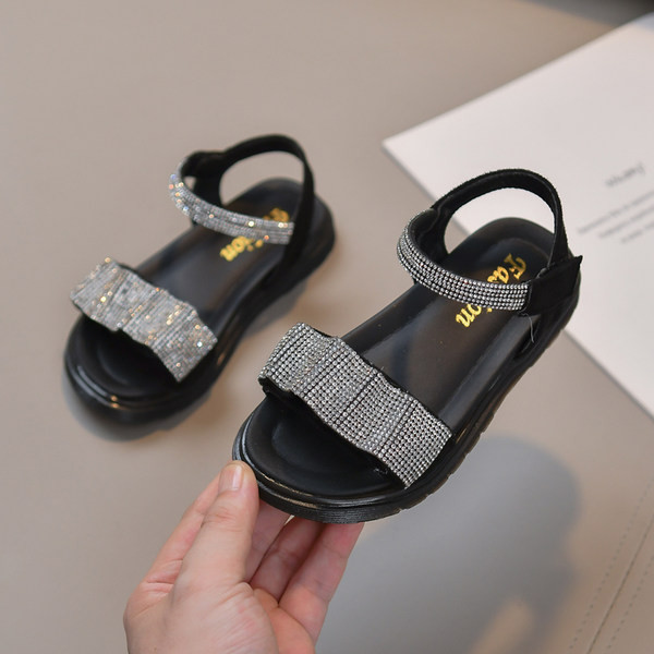 Детски лъскави сандали с камъни и равна подметка