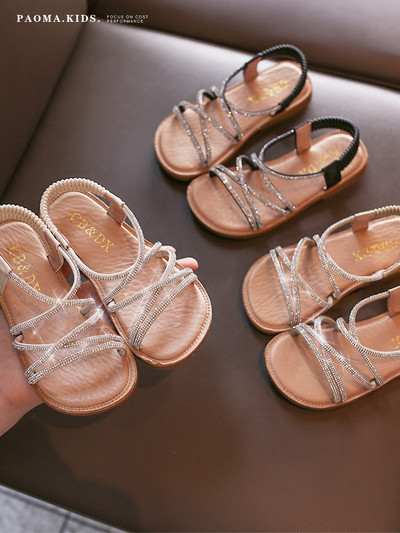 Bērnu ikdienas sandales ar ādas siksniņu un dekoratīviem akmeņiem