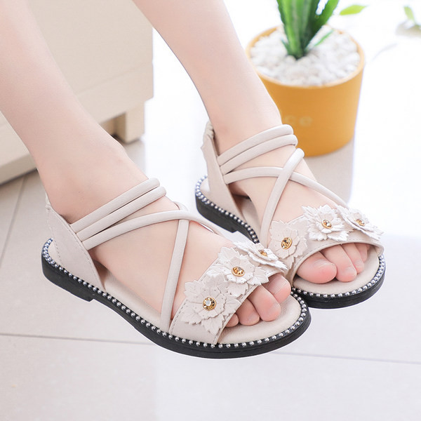 Meitenēm piemērotas bērnu mākslīgās ādas sandales ar ziediem